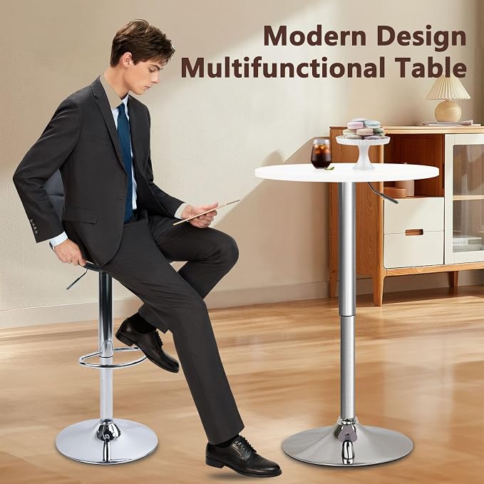 CLATINA Round Bar Pub Tables Set of 2, 26"-36" Height Adjustable Bistro Table with Metal Base, 360° Swivel High Top Cocktail Table for Home Kitchen Party Drink Restaurant Wedding Cafe Reception, White