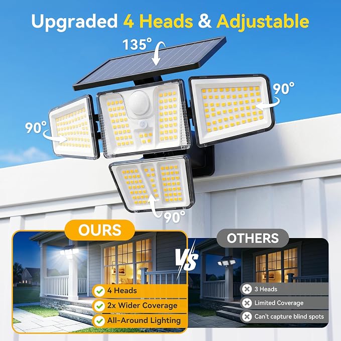 Solar Flood Lights, 3600LM 270° Motion Sensor Outdoor Lights-Remote | 4 Heads 3 Modes Solar Lights Outdoor, Glass Panel, IP65 Waterproof Outdoor Security Lights for Yard Patio Garage- 4Pack Black