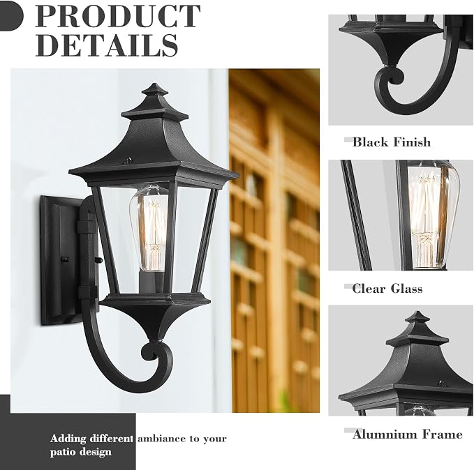 Emliviar 2 Pack Outdoor Sconces Wall Lighting, 15 Inch Modern Outdoor Wall Light with Clear Glass, Black Finish, XE292UB-2PK BK