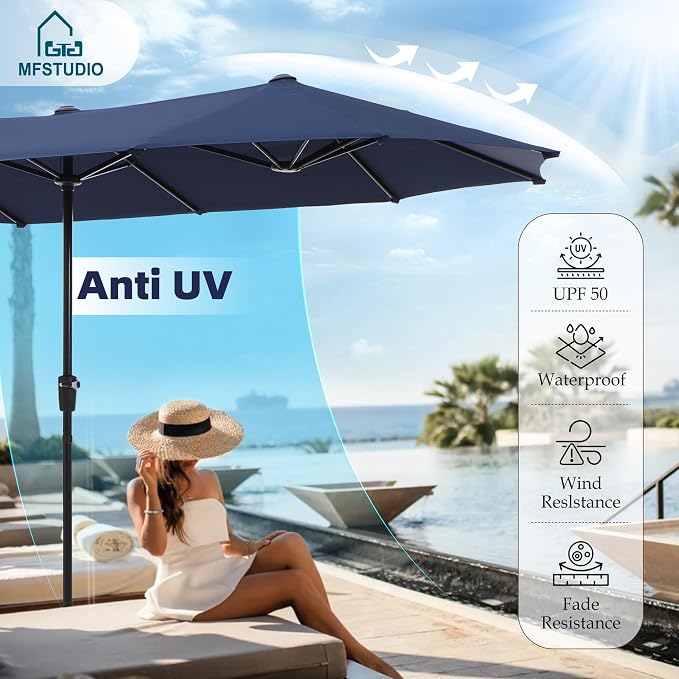 MFSTUDIO Outdoor Dining Set with Umbrella, Metal Patio Dining Set for 6 Persons, Patio Furniture Set with Navy Blue Umbrella (Base not Included)