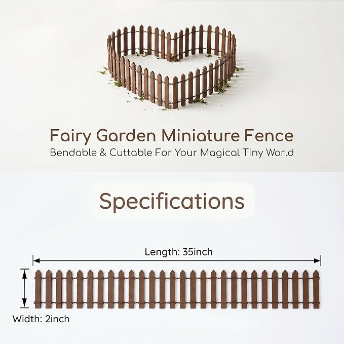 Fairy Garden Miniature Fence Accessories: Decorative White Wooden Picket Fence for Indoor & Outdoor Christmas Village - for Kids Ages 4 to 8 - Festive Decor for Christmas and Halloween (Brown)