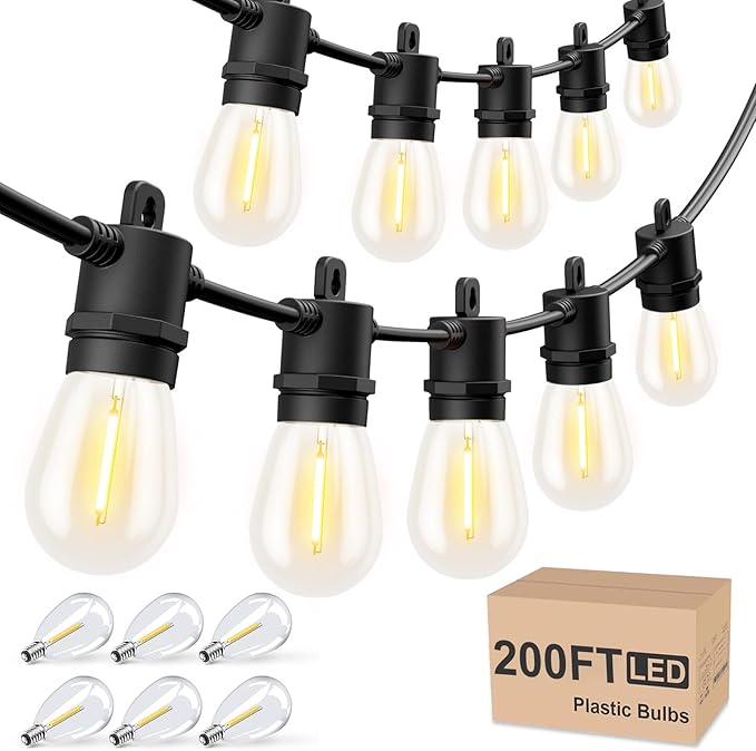 Svater 200 FT Outdoor String Lights, Patio Lights for Outside Waterproof | Shatterproof IP65 LED Bulbs, Commercial Hanging Light for Bistro Cafe Backyard Porch Dimmable, 2700K (100 FT *2)