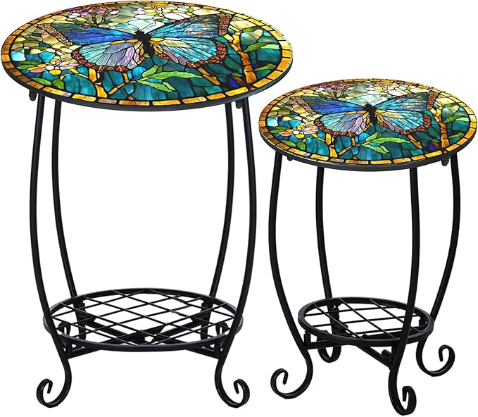 Cinnvoice 2 Pcs Outdoor Side Table Small Patio Round Mosaic Accent End Table Indoor Plant Metal Coffee Tea Tables for Patio Yard Porch Garden Living Room(12" and 16",Butterfly Style)