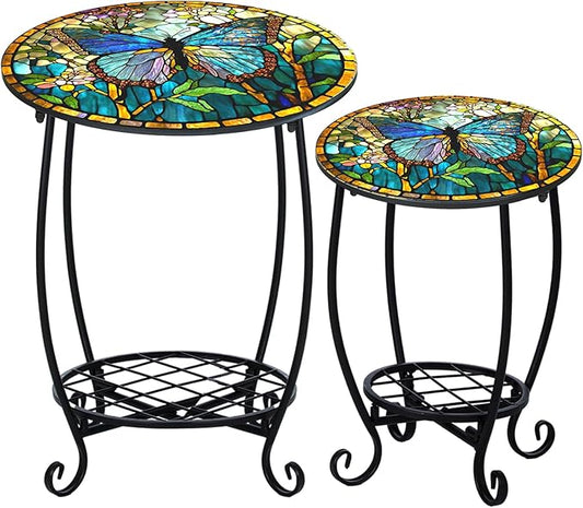 Cinnvoice 2 Pcs Outdoor Side Table Small Patio Round Mosaic Accent End Table Indoor Plant Metal Coffee Tea Tables for Patio Yard Porch Garden Living Room(12" and 16",Butterfly Style)
