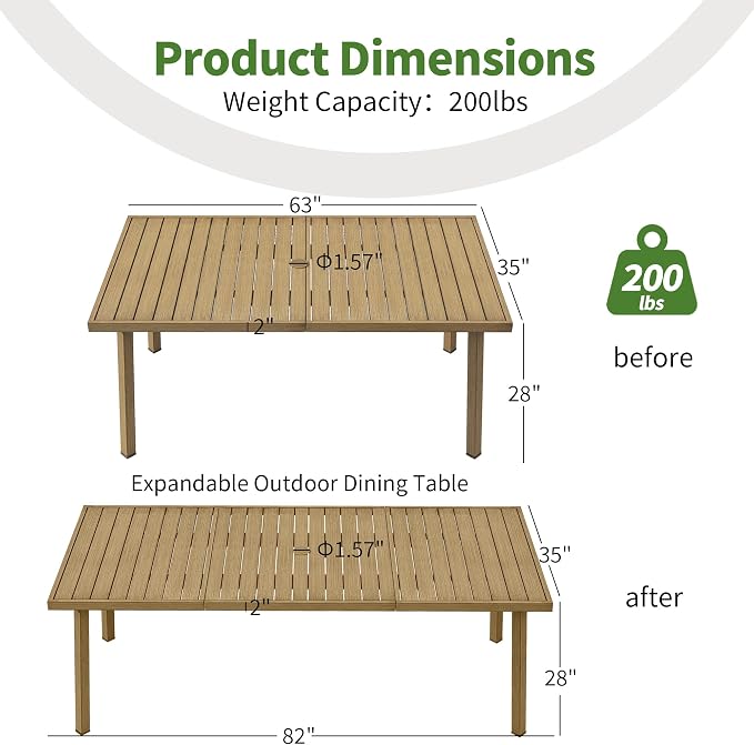 82"×35" Never-Rust Aluminum Outdoor Dining Table – Rectangular Patio Table for 8 Person with Umbrella Hole, Heavy Duty All-Weather for Poolside, Garden, Backyard, Porch, Deck, Teak