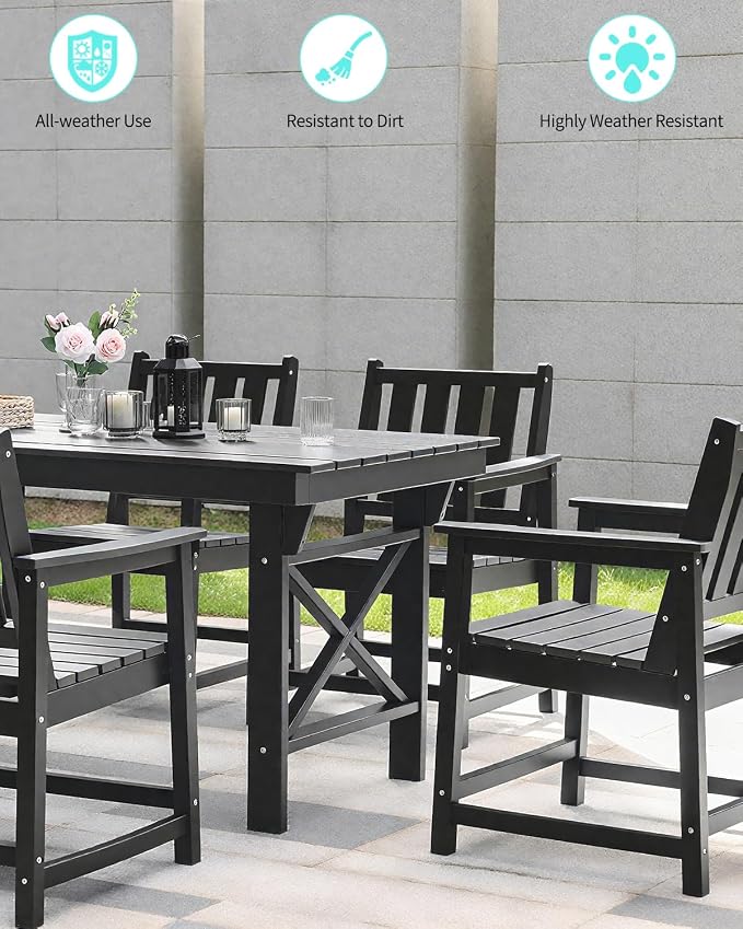 5-Piece Patio Dining Table Sets, All Weather Outdoor HDPE Dining Furniture Set with Umbrella Hole Table and 4 Chairs for Lawn, Garden, Poolside, Backyard, Black