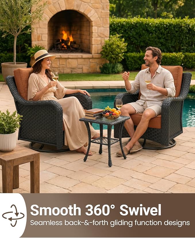 10 Pieces Outdoor Furniture Set with 6-inch Cushions, High Back Wicker Swivel Rocker Chairs with Fire Pit Table, Luxury Conversation Set for Deck Patio and Poolside