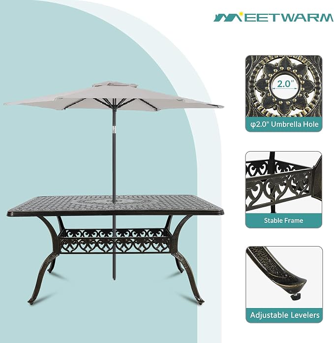 MEETWARM 7-Piece Outdoor Patio Dining Set, All-Weather Cast Aluminum Patio Conversation Set with 6 Cushioned Swivel Rocker Chairs for Backyard Garden Deck, 1 Rectangular Table, 2" Umbrella Hole