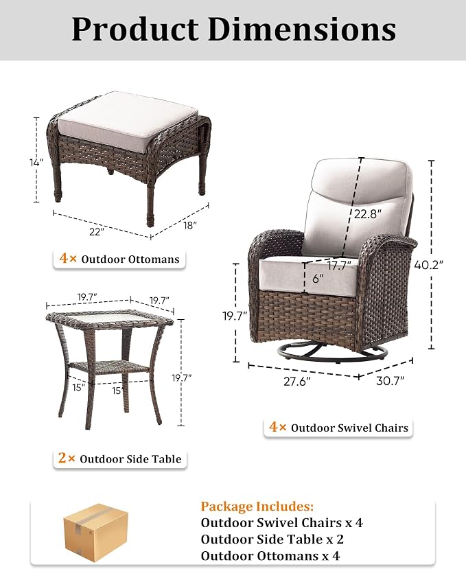 10-Piece Luxury Patio Furniture Set with 6-Inch Thick Cushions, High-Back Outdoor 4 Swivel Rocking Chairs with Wicker Side Table, All-Weather Conversation Set for Porch, Deck, Yard– Beige