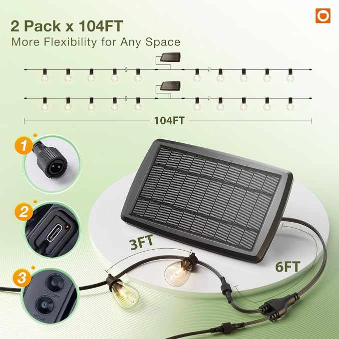 addlon 204FT(2 Pack*102FT) Solar String Lights Waterproof, 60+4 LED Bulbs | Patio Lights Solar Powered with Remote & USB Port, 3 Lighting Modes Outdoor Light for Camping Backyard Garden