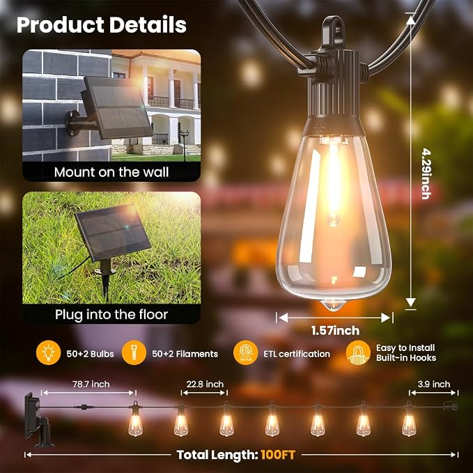 100FT Solar String Lights Outdoor Waterproof IP65 with USB-Charging , Solar Powered LED Patio Lights with 50+2 Shatterproof ST38 Edison Bulbs, Hanging Lights for Outside Backyard Garden Bistro Gazebo