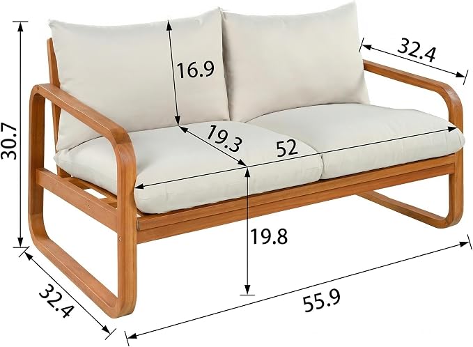 4-Piece Acacia Wood Outdoor Patio Furniture Set, All Weather Conversation Set with Loveseat, 2 Chairs, Coffee Table, Woven Rope Accents and Cushions for Backyard Pool