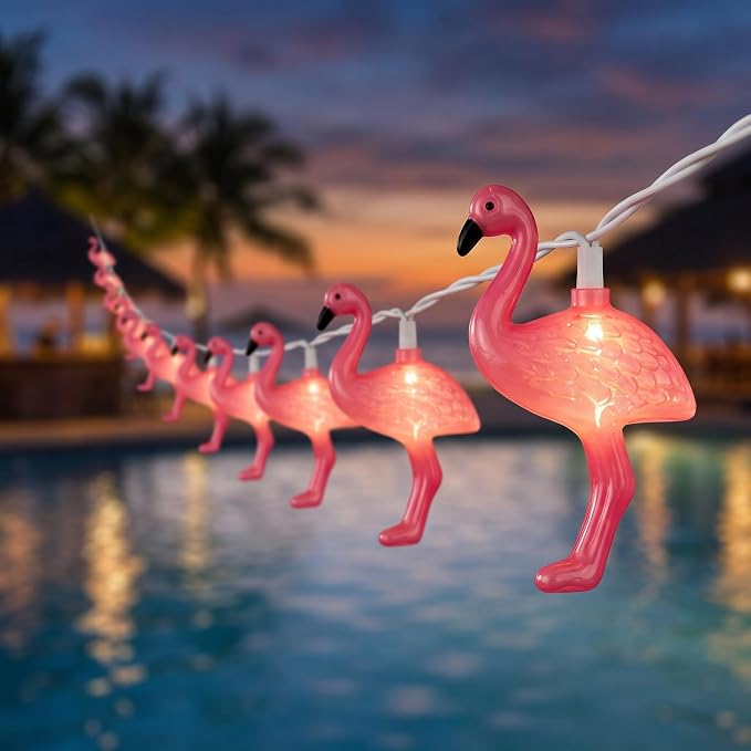 8.5Ft Summer Themed Tropical Beach Lights, 10L Pink Flamingo String Lights | Indoor Outdoor LED Party Lights for Bedroom Birthday Wedding Holiday Hawaiian Tiki Tropical Party Décor