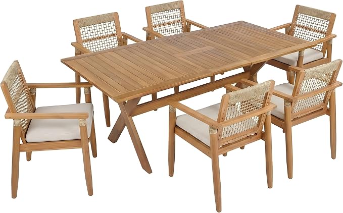 Christopher Knight Home Doca 7 Piece Acacia Wood Outdoor Dining Table Set for 6, Extendable Dining Table and 6 Patio Chairs with Cushion & Rope Accent, Wooden Outdoor Patio Furniture Set, Teak+Beige