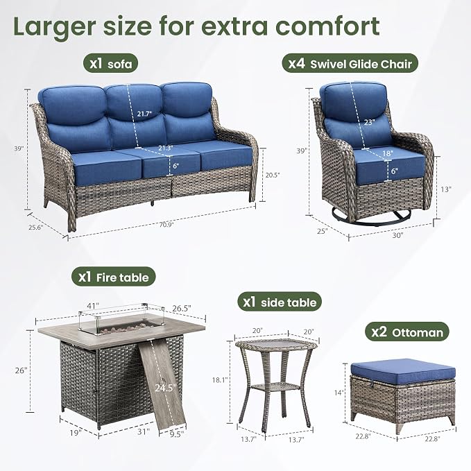 Luxury Patio Furniture Set with 6-inch Thick Cushion, Outdoor Furniture with Fire Pit Table, Swivel Chairs, Sofa, Side Table, Ottomans, 9pcs Wicker Conversation Set(Grey Wicker/Blue Cushion)