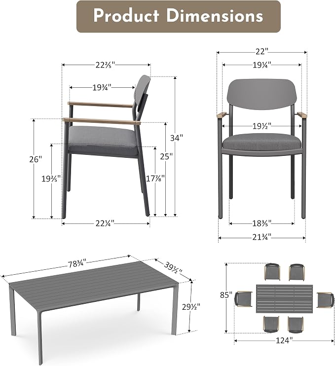 Modern Shade Luxury Outdoor Dining Set for 7, Outdoor Table and Chairs Set with Fade Resistant Cushions & FSC Teak, Premium Aluminum Patio Table and Chairs Set for Elegant Outdoor Living, Gray