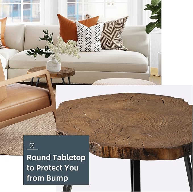 HOMPUS Small Coffee Table, MgO & Concrete Outdoor Side Table with Wood Grain Finish, Round End Table with Artificial Imitated Tree Ring Pattern Table Top for Outdoor Indoor Use, Patio, Garden