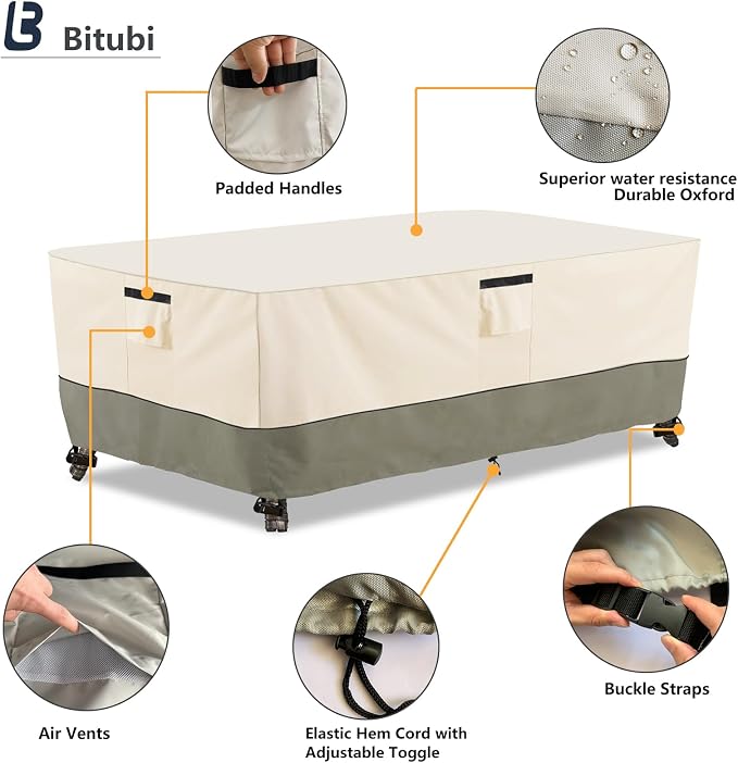 Bitubi 84 Inch Rectangular/Oval Patio Table Cover,Heavy Duty Waterproof Outdoor Table Cover Winter, Patio Furniture Covers, Beige