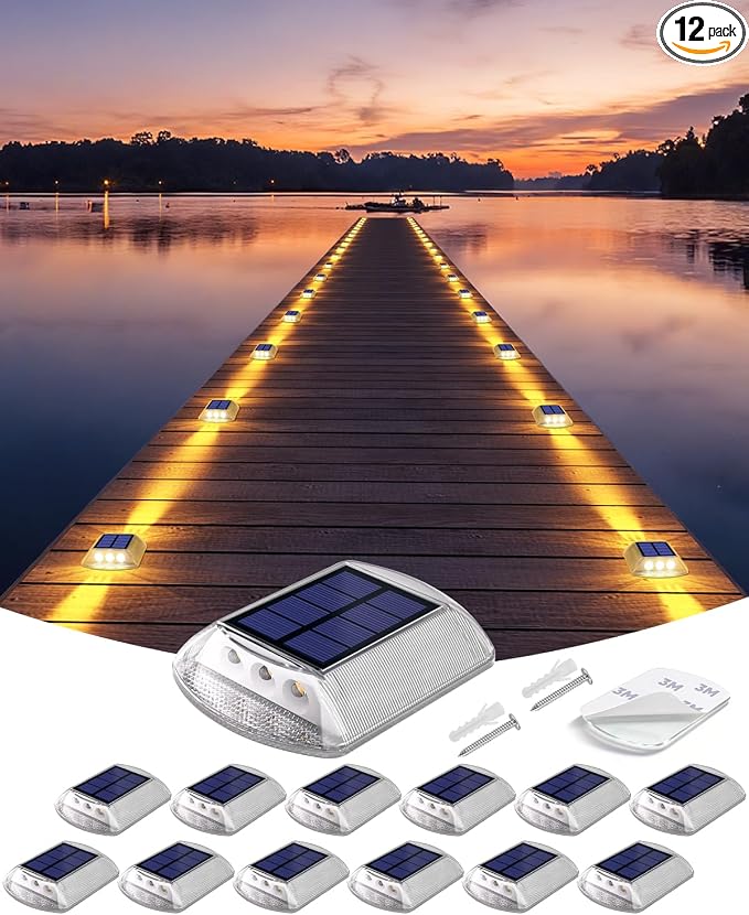 DetarZinLED Solar Deck Lights Outdoor IP68 Waterproof 12 Pack Amber Warm | Sturdy PC Shell, Stick on & Screw Mount, Markers Light for Outside Dock, Step, Walkway, Path, Sidewalk, Patio, pool, Driveway