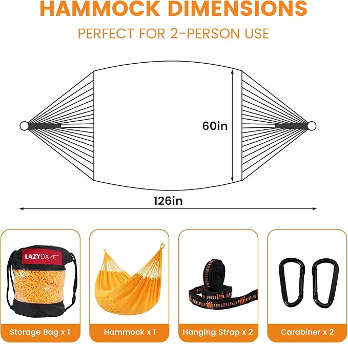 Lazy Daze Hammocks Handwoven XL Mayan Hammock, 10.5 FT Soft Rope Double Hammocks, Portable Outdoor Hammock with Carry Bag, 2 Straps & Carabiners for Patio Outside, 550 lbs Weight Capacity, Yellow