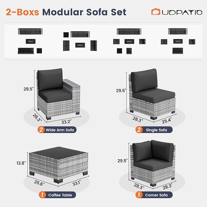 UDPATIO Patio Furniture Set, 8 Inch Armrest Patio Sectional Furniture, 6 Piece Wicker Outdoor Sectional Conversation Sets with Waterproof Cover and Coffee Table for Backyard Deck(Grey/Black)