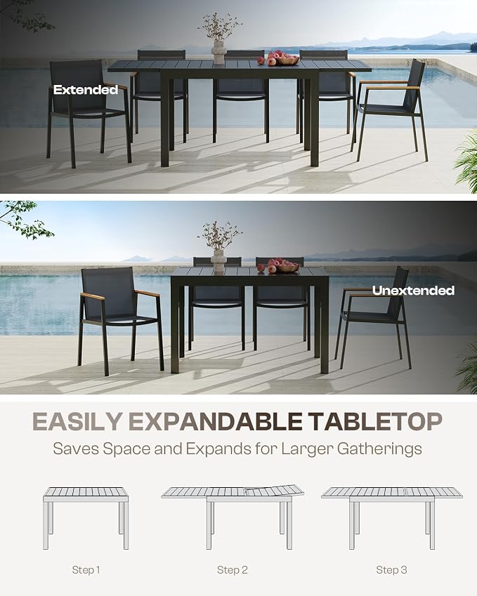 Outdoor Aluminum Patio Dining Table Set for 6 Person, Expandable Outdoor Table and 6 Chairs with Textilene Fabric & HDPS Armrest, All-Weather Patio Furniture Set for Yard, Garden, Gray