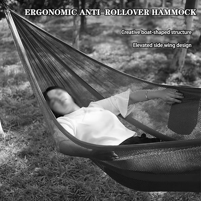 Summer Breathable Ice Silk Hammock, Outdoor Portable Double Hanging Bed, Park Leisure Swing with Straps, Load Bearing 300kg/661.4lbs(Blue-Grey)