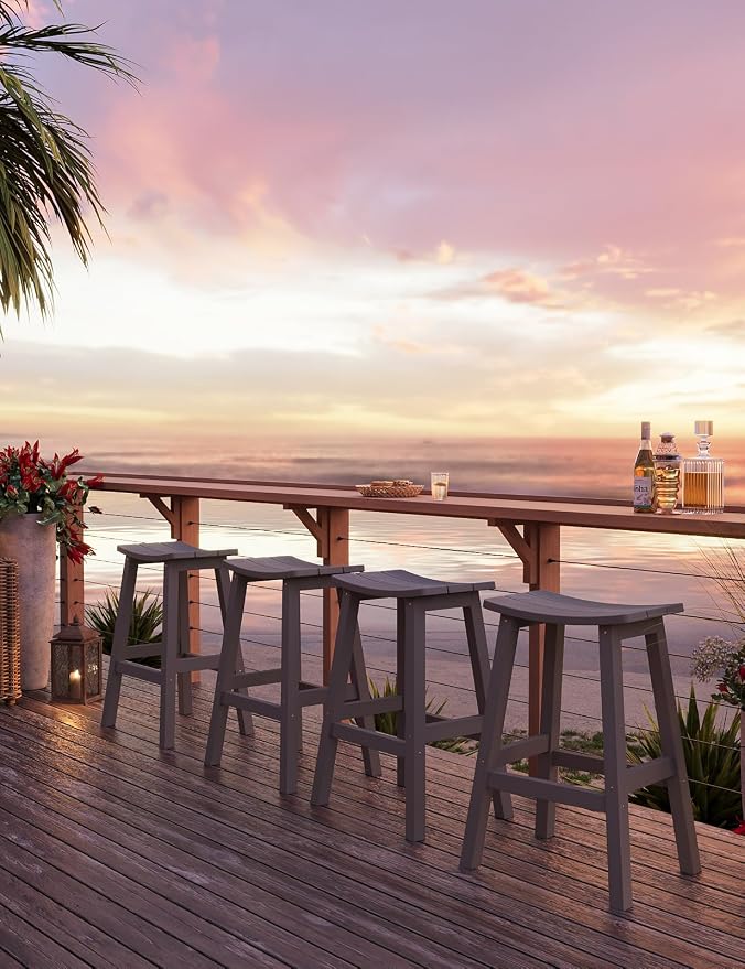 Weatherproof Bar Stools Set of 2, 28" Height Outdoor Bar Stools Holds up to 400 lbs, Saddle Seat, Bar Height Stools for Patio, Garden, and Kitchen Island, Gray