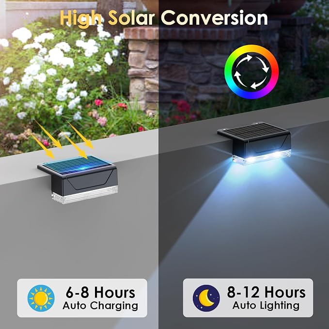 LIANGLOME 8PK Solar Fence Lights Outdoor - Warm White & RGB 6 Color, Dusk to Dawn Deck Light, IP65 Waterproof Garden Lights for Outside/Backyard/Railing/Step/Patio/Wall