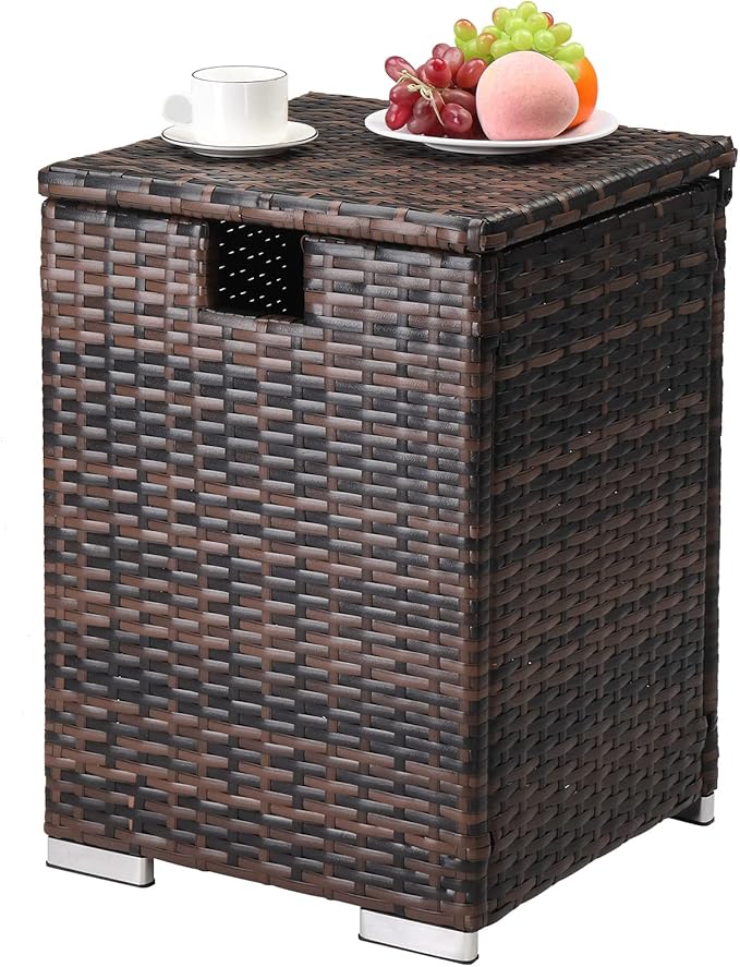 15.7" Patio Rattan Wicker Side Table,16 Gallon Small Outdoor Rattan Storage Bin,Outdoor Wicker Side Table,All-Weather Storage Box,with Lid,for Garden Porch Deck Backyard (Brown)