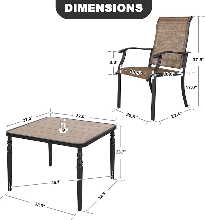 NUU GARDEN 5-Piece Outdoor Dining Set 37 Inch Square Table with Umbrella Hole Wood-Grain Top 4 Textilene Chairs Weather-Resistant Low-Maintenance for Porch Backyard Garden Poolside Black Brown