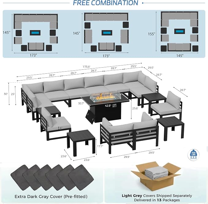 NICESOUL 17 Piece Oversized Aluminum Outdoor Patio Furniture Set with Fire Pit Table & Coffee Table, 29" Wide Deep Sectional Sofa, 500 lbs Heavy Duty Comfortable Conversation Set for Deck, Light Gray