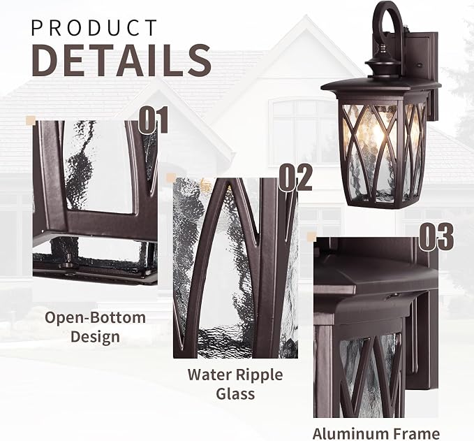 Dusk to Dawn Outdoor Wall Light Fixtures,14'' Outdoor Porch Sconces Lighting , Waterproof Wall Lanterns with E26 Sockets & Water Ripple Glass, Modern Oil Rubbed Bronze Outside Lights for Patio, Garage