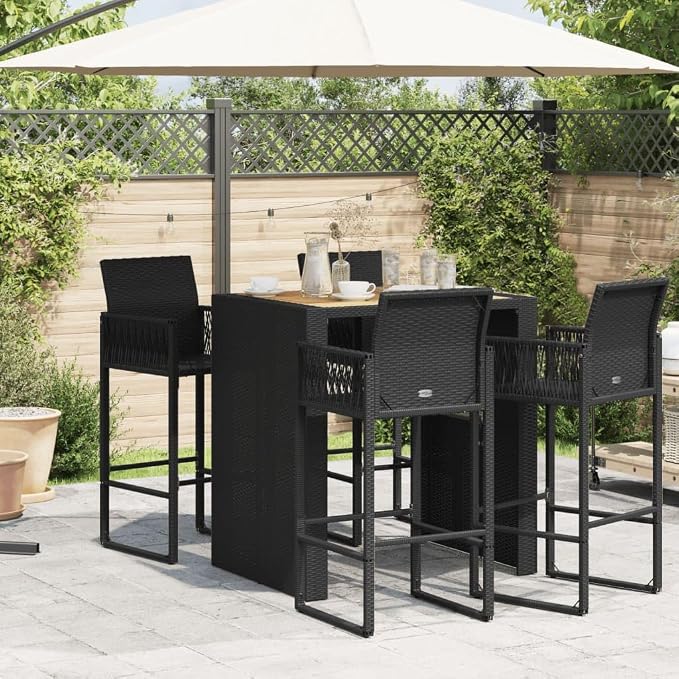 Outdoor Bar Table Black Poly Rattan with Acacia Wood Top, Large Rectangular Patio Furniture for Garden Balcony Terrace, 31.5x41.3x43.3 Inch Steel Frame