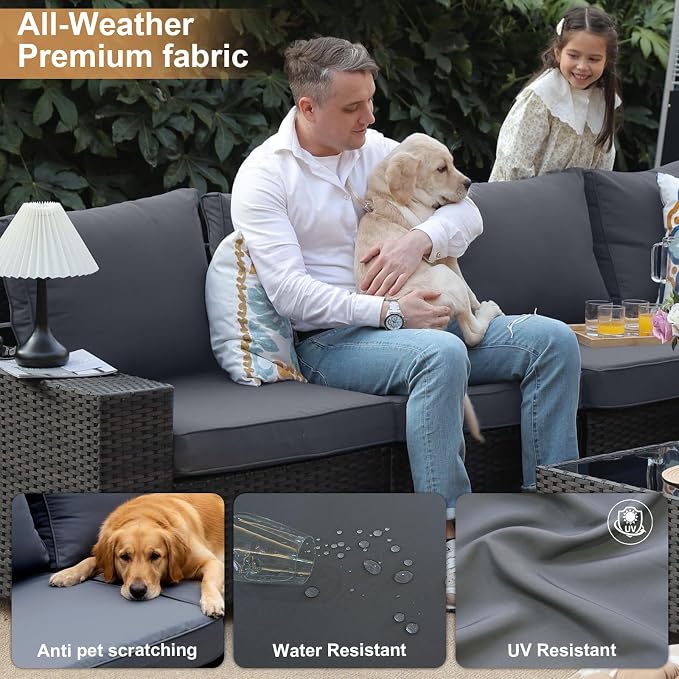 JOYURE 5 Pieces Patio Furniture Set, Outdoor Sofa with Waterproof Cushions, Rattan L Shaped Patio Couch & Coffee Table, Modern Outdoor Furniture for Backyard, Deck, Balcony – Grey