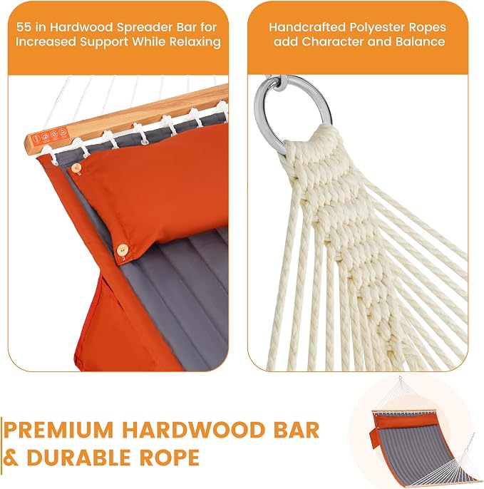 Lazy Daze Hammocks 2 Person Double Quilted Hammock with Spreader Bar, Detachable Pillow & Side Pocket, 450lbs Capacity for Patio Yard Garden Outdoor, Grey & Orange