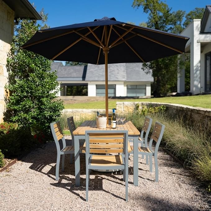 Hives & Honey Catalina Rectangular Outdoor Dining Table, Grade-A Teak Wood Patio Table with Aluminum Legs & Umbrella Hole, Seats 4–6, Grey
