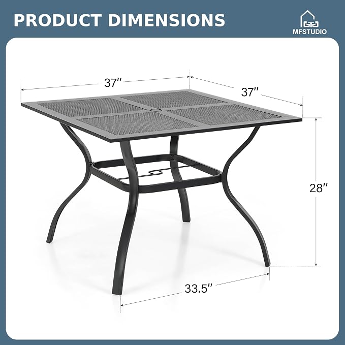 MFSTUDIO 37" x 37" Square Outdoor Dining Table Patio Bistro Table Powder-Coated Steel Frame Top Umbrella Stand Deck Outdoor Furniture Garden Table, Black