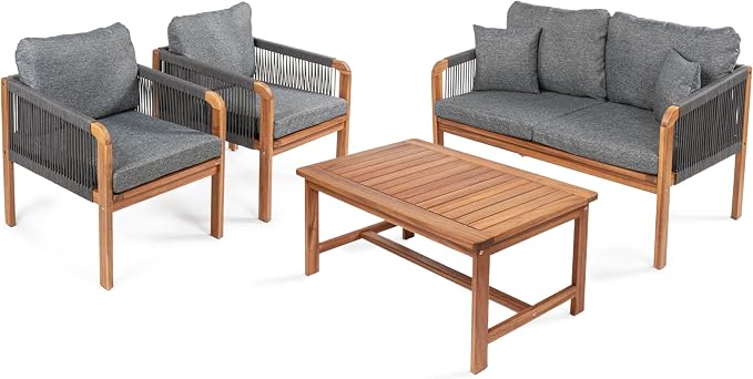 JONATHAN Y Tavira Coastal 4-Piece Teak Brown Acacia Wood Outdoor Patio Set, Woven Rope Conversation Furniture with Coffee Table and Removable Gray Cushions for Backyard, Garden, Porch LVG1202C-4SET