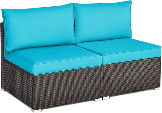 COSTWAY 2PCS PE Rattan Armless Sofa, Wicker Patio Conversation Set Chairs with Soft Cushion, Outdoor Sectional Furniture for Yard, Poolside (Turquoise)