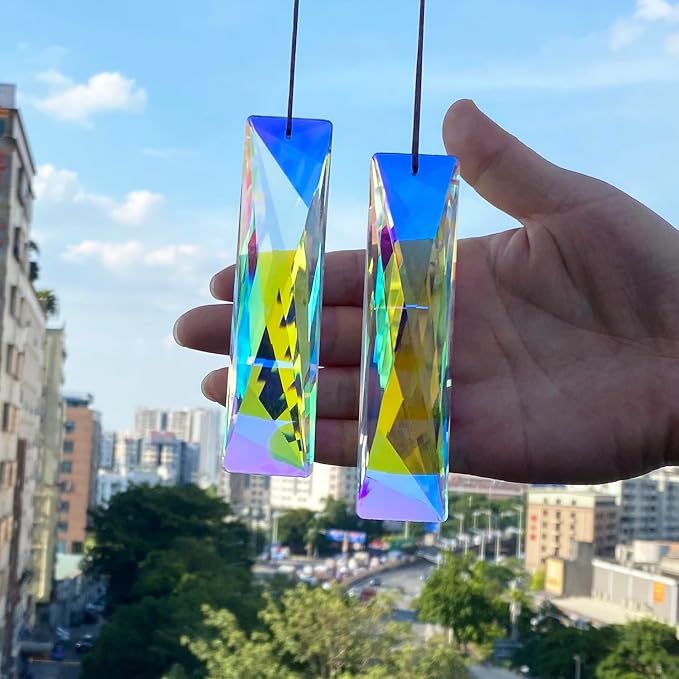 2PCS Net Crystal Suncatcher Prisms for Windows (Net Rectangle) | AB Color, Transparent, K9 Glass, Rainbow Maker, with Hooks & Cord