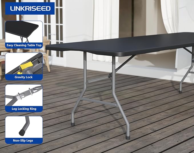 8FT Folding Tables – Heavy Duty Portable Foldable Picnic Table with Built-in Handle, 450 lb Capacity – Ideal for Events, Parties, Crafts, Camping & Dining (6-Pack, Black)