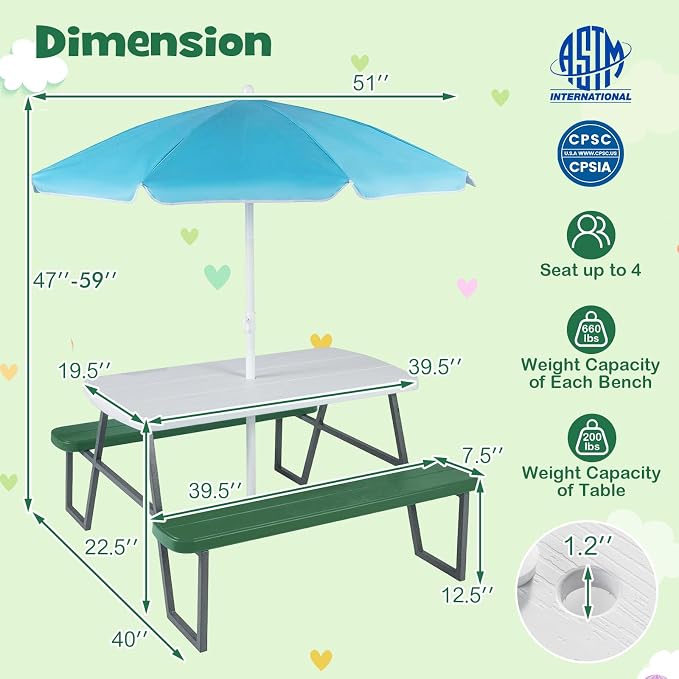 KOTEK Kids Picnic Table with Umbrella, Toddler Outdoor Table and Bench Set, Easy to Clean, HDPE Top & Metal Frame, 660LBS Capacity, Kids Patio Furniture for Backyard Park Garden (Green)