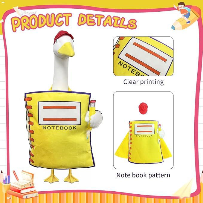 Back to School Notebook Porch Goose Outfit for 23 Inch Lawn Goose Statue | Cute Yellow NoteBook Student Goose Clothes；School Porch Goose Outfit；School Classroom Outdoor Garden Yard Patio Statue Decor