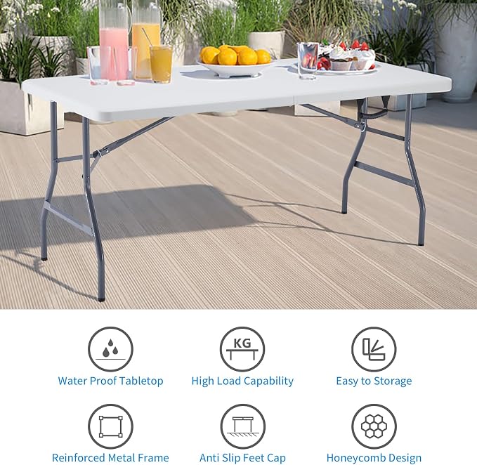 KAIHAOWIN Plastic Folding Table-5ft Fold in Half Picnic Table with Carrying Handle for Indoor Outdoor Camping Wedding Laundry Party-White