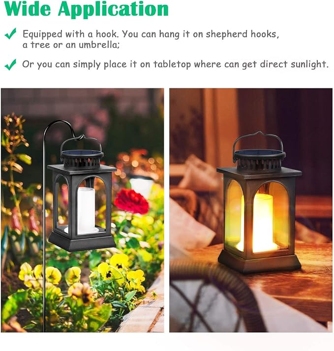 TomCare Flickering Flame Solar Lights Outdoor Metal Hanging Lantern, 2 Pack | Realistic Flame Effect, Charges in 6-8 Hours, 10-12-Hour Runtime, IP65 Waterproof, Auto On/Off for Patio, Garden and Porch