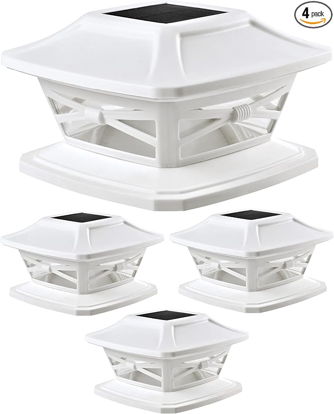 Davinci Flexfit Solar Outdoor Post Cap Lights, 4x4 5x5 6x6, Bright LED, 4PK | Pearl White, Wooden Posts, fence/deck/garden/patio, UV fade-protected plastic, auto-on, 7-8h, cordless, IP44, 25lm warm white