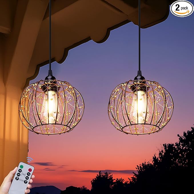 Battery Operated Hanging Chandelier Outdoor, Set of 2 with Remote, No Wiring, Boho Copper Wire Beaded Pendant Light, IP55 Weatherproof, Dimmable Timer, for Gazebo Pergola Porch Patio Decor