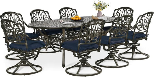 9-Piece Patio Dining Set, Outdoor Patio Table and Chair Set of 84” Oval Cast Aluminum Dining Table with Umbrella Hole, 8 Patio Dining Swivel Chairs Padded, Patio Funiture Set, Navy
