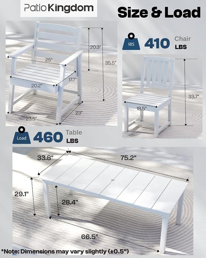 7-Piece Outdoor Dining Set with 11FT Umbrella for 6,White | 75.2'' HDPE table, chairs included, weather-resistant furniture with hole, ideal for lawn, poolside, yard, garden, deck